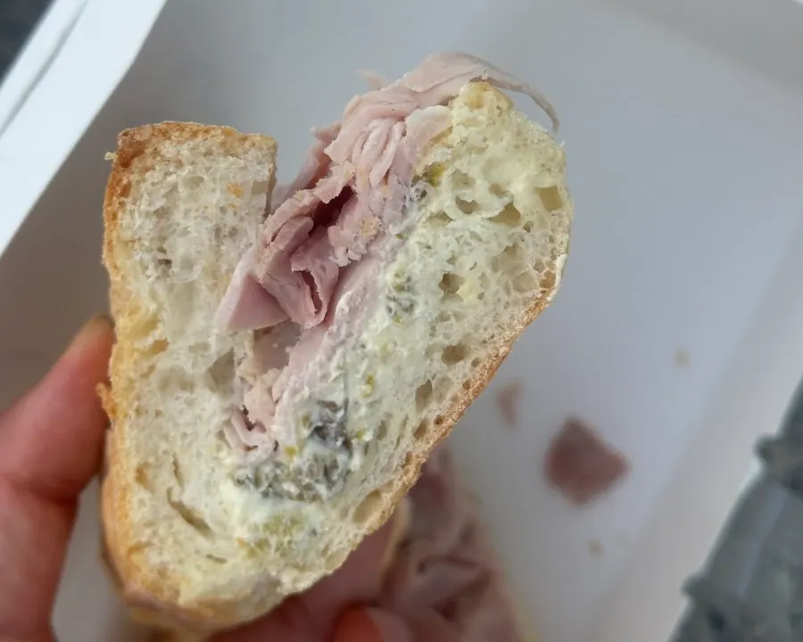 Cross-section of jambon ham and jalapeño tofu cream cheese