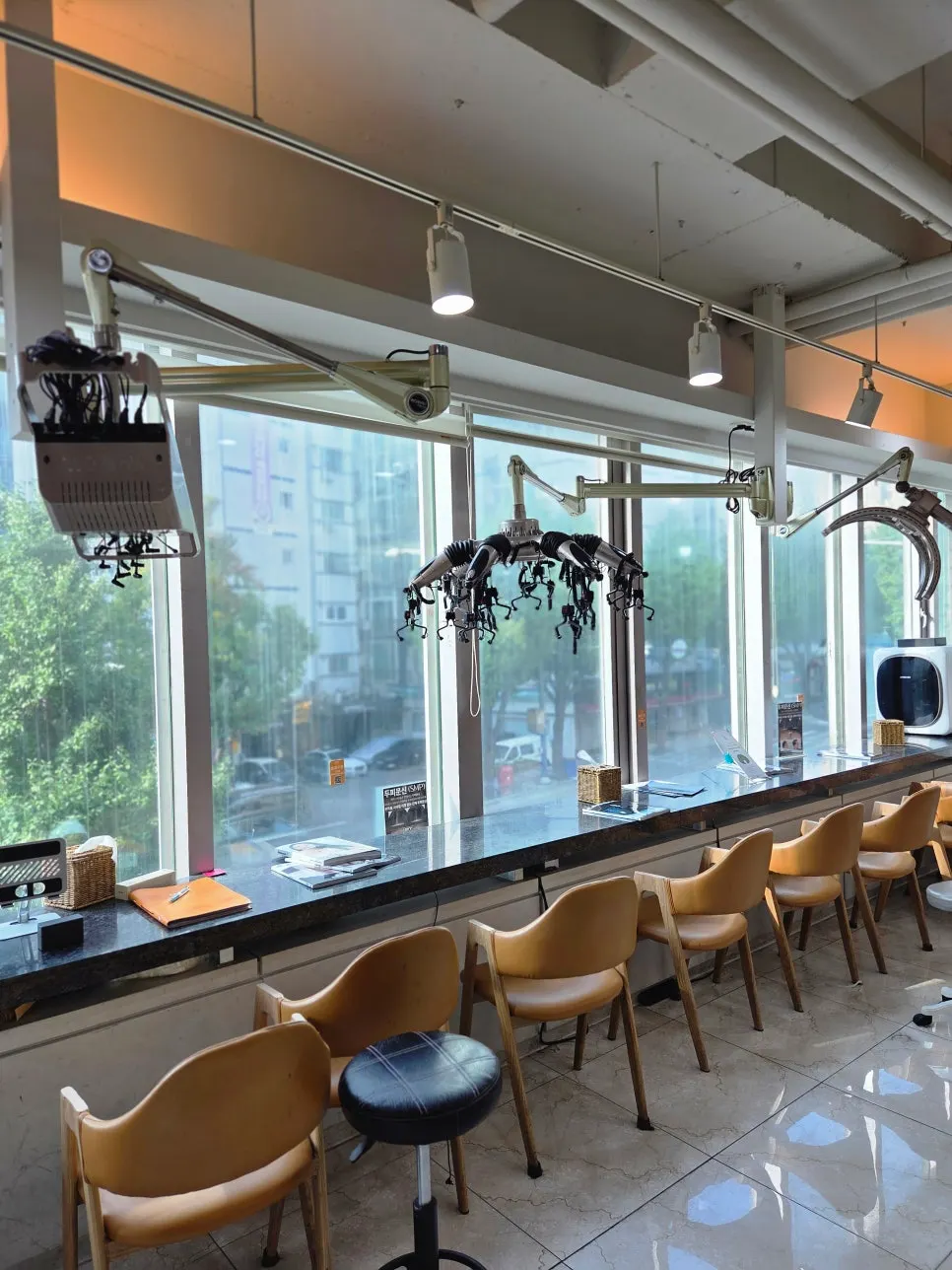 White-and-wood interior with floor-to-ceiling windows