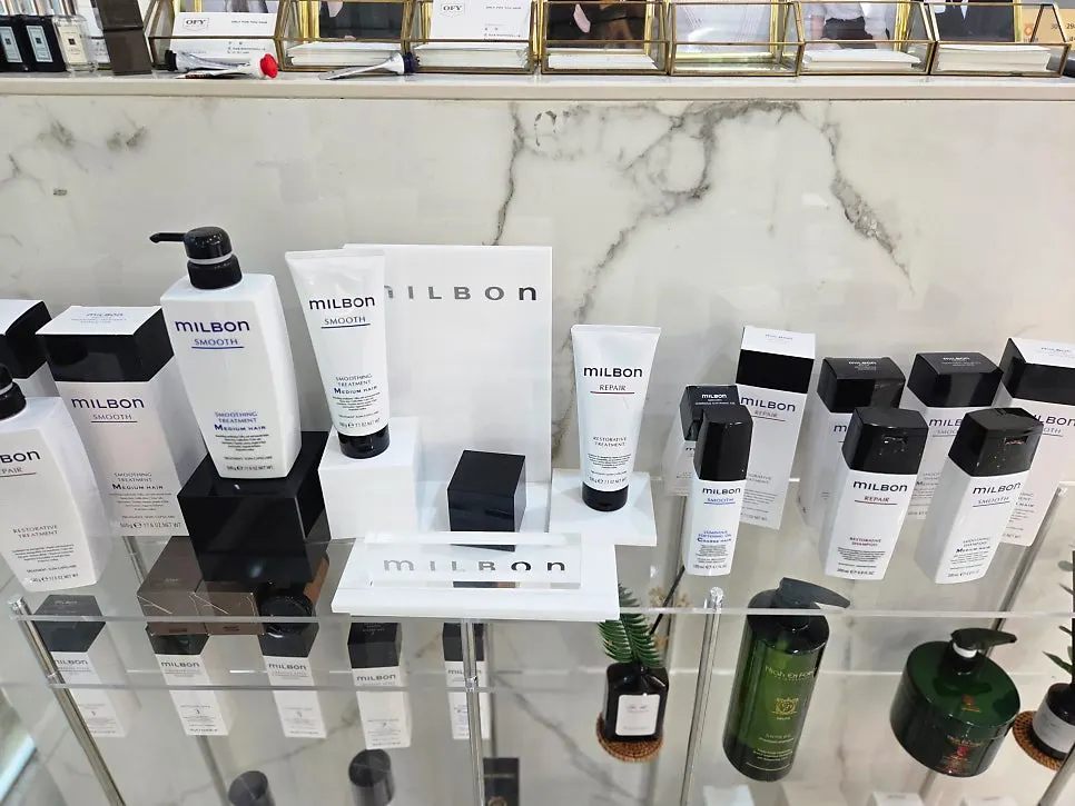 Milbon hair products displayed in the salon