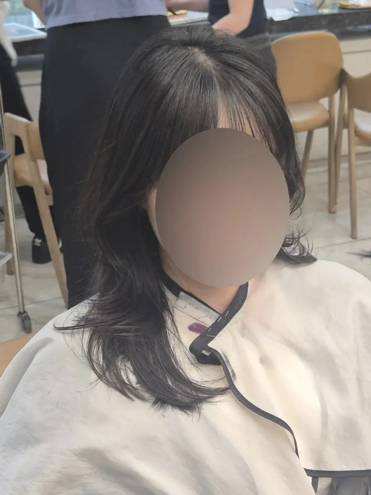 Finished hairstyle after root perm and bangs perm