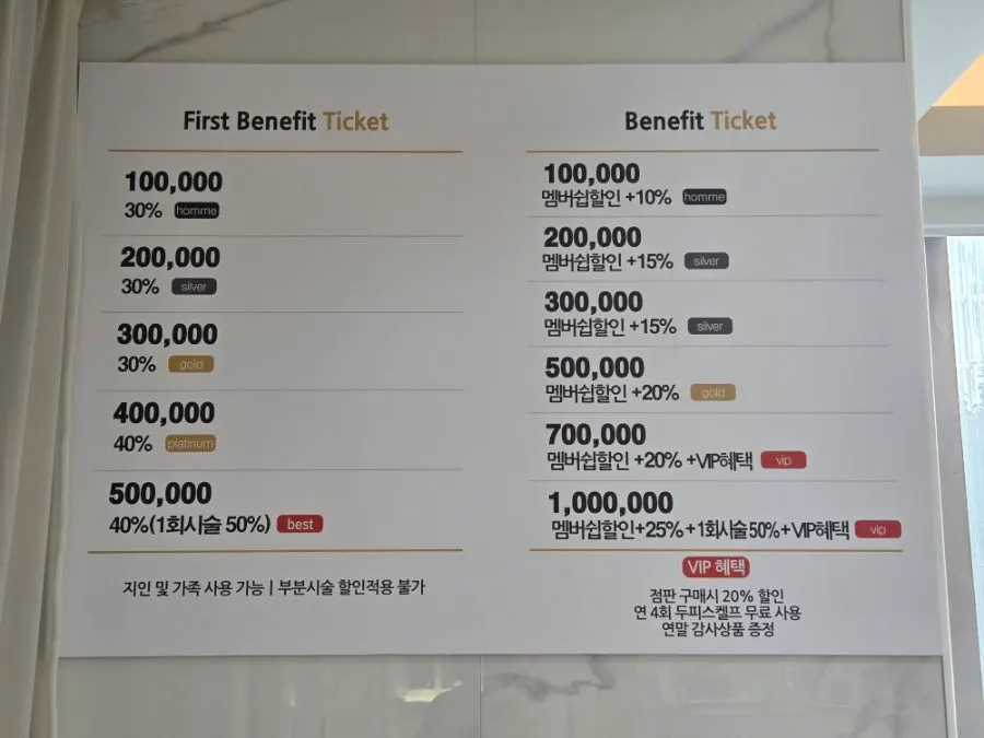 매장에 안내된 멤버십 이용권 안내