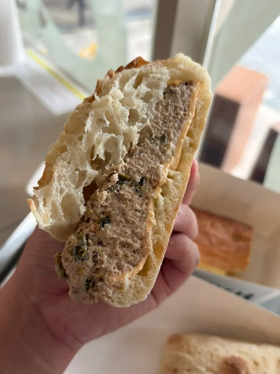 Cross-section showing tuna mayo and cheddar cheese