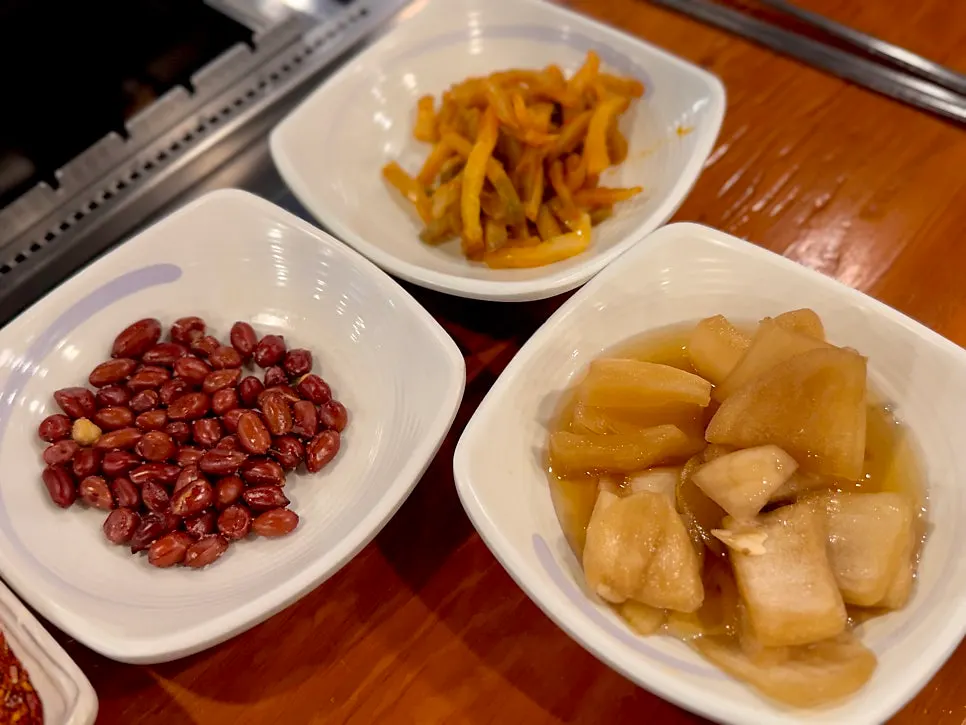 Basic side dishes of peanuts, pickled mustard greens and pickled onion