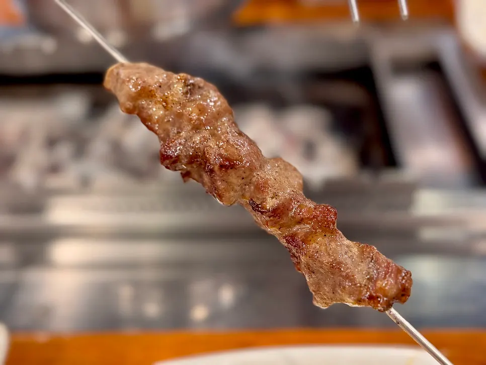 Close-up of a fully cooked lamb loin skewer