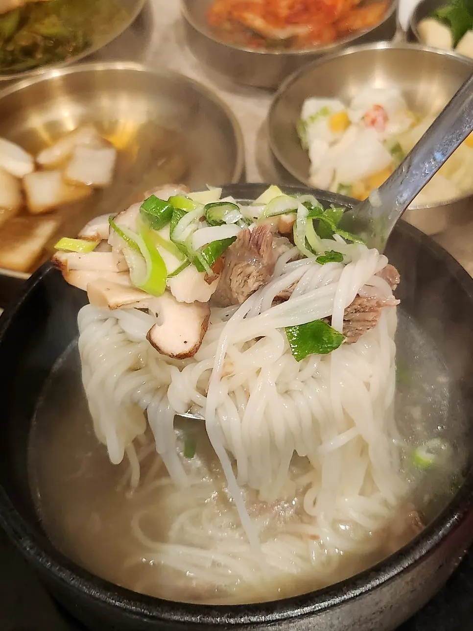 Brisket, shiitake mushrooms, and noodles in the soup