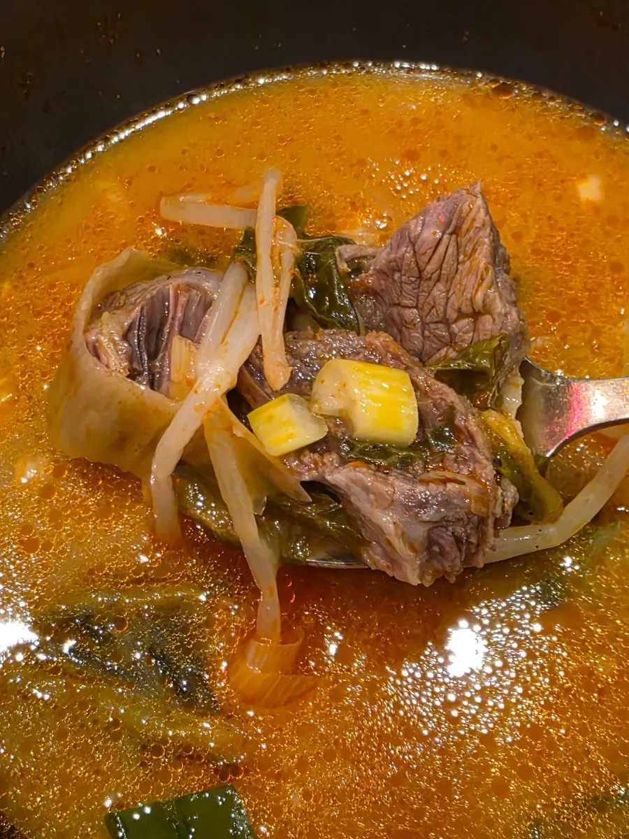 A spoonful of Andong gukbap broth and meat