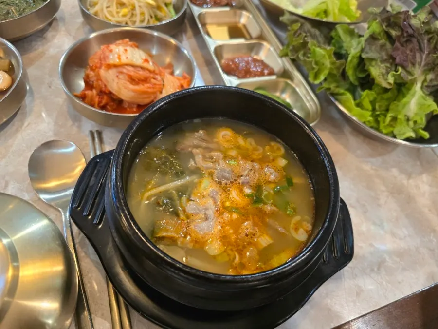 Andong guksu topped with meat and zucchini garnish