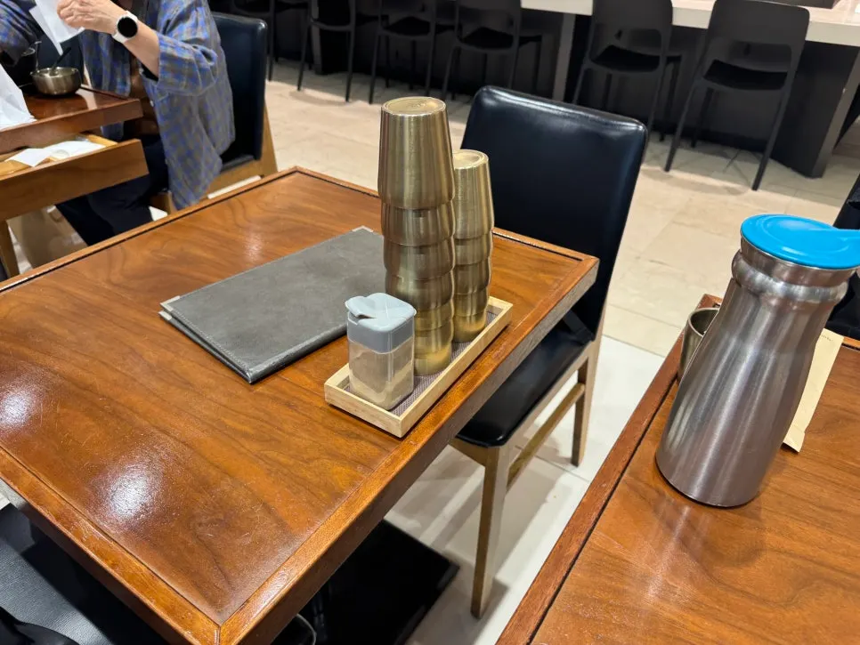 Menu, water, and cups on the table