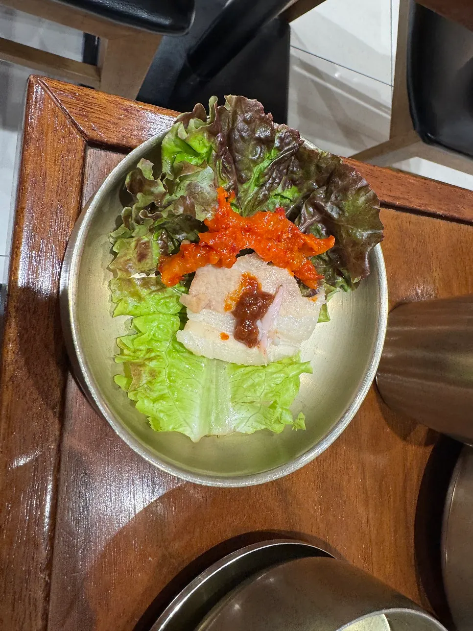 Close-up of Hantiok's bossam pork