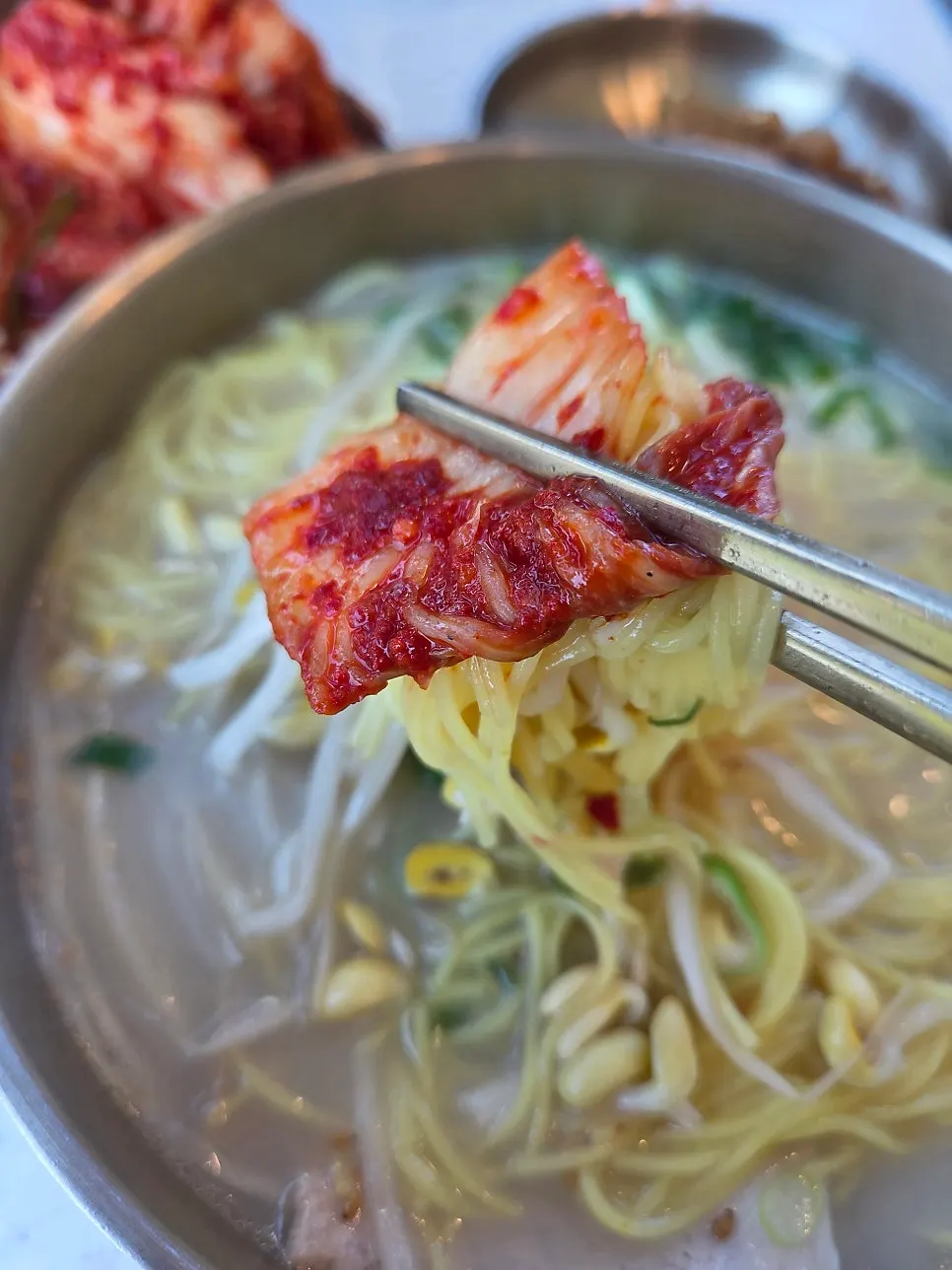 진한 사골 국물의 고기국수 클로즈업