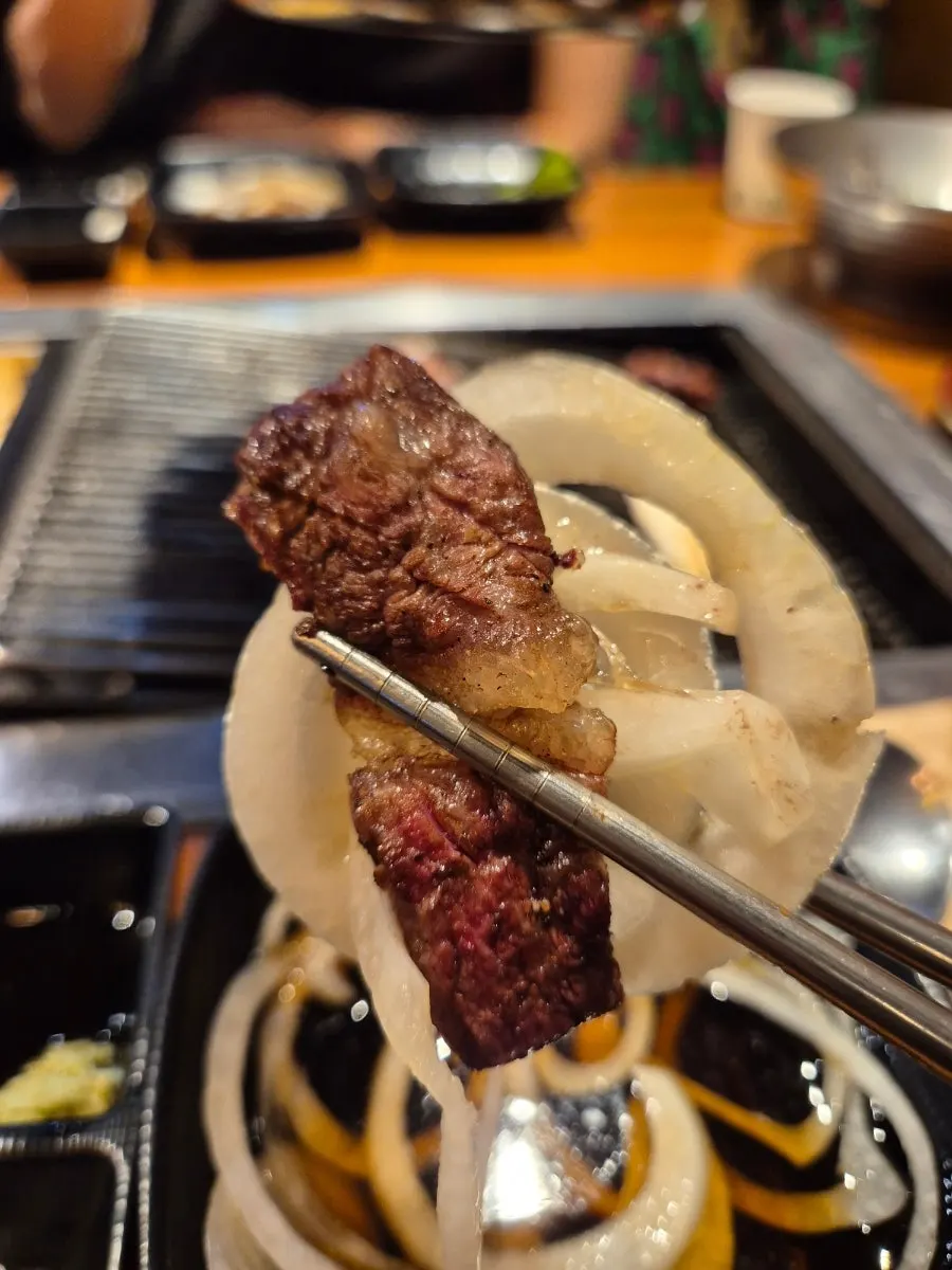 Hanwoo dwitgogi wrapped in pickled perilla leaf