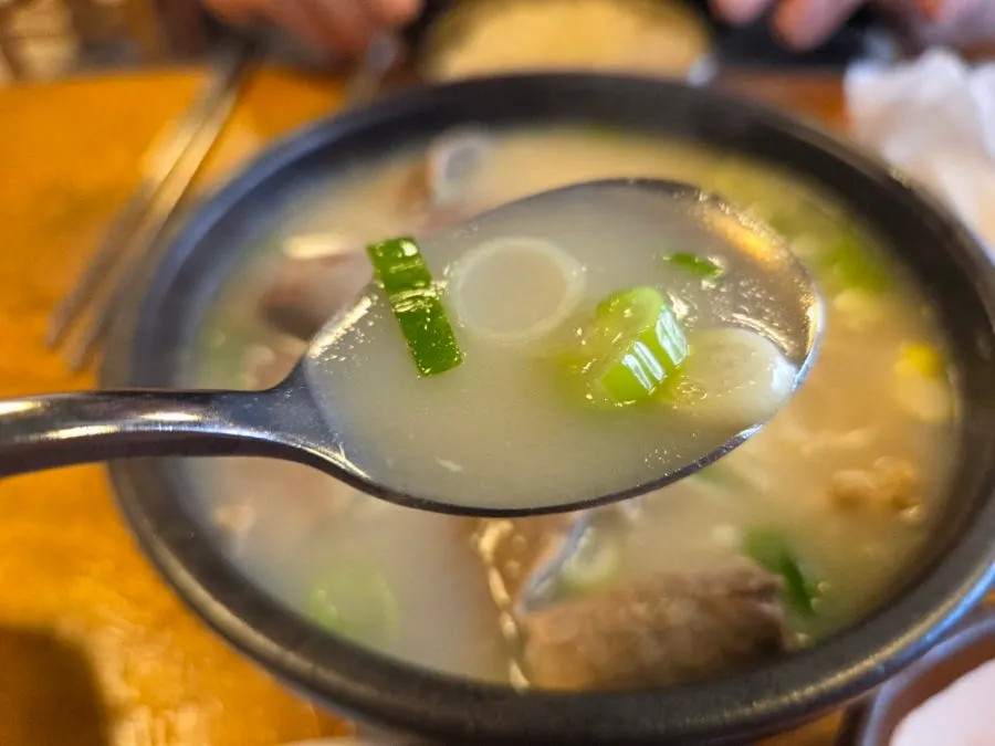 Close-up of the milky broth in the special seolnongtang