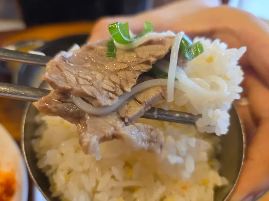 A thick slice of meat lifted out of the seolnongtang