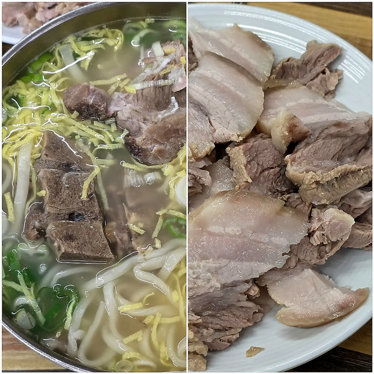 평이담백 뼈칼국수 본점 뼈칼국수와 보쌈 수육 상차림