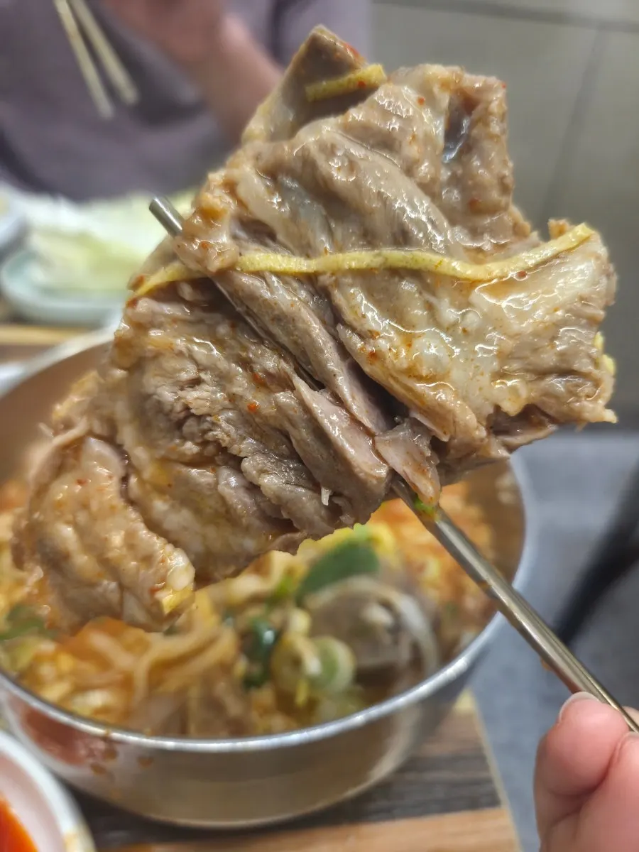 Two large bone chunks with meat inside the bone kalguksu
