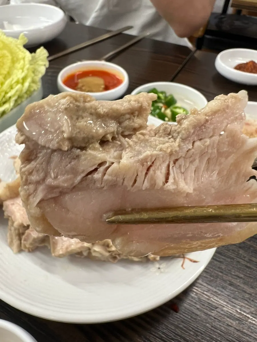 Close-up of bossam showing the glossy layer of fat