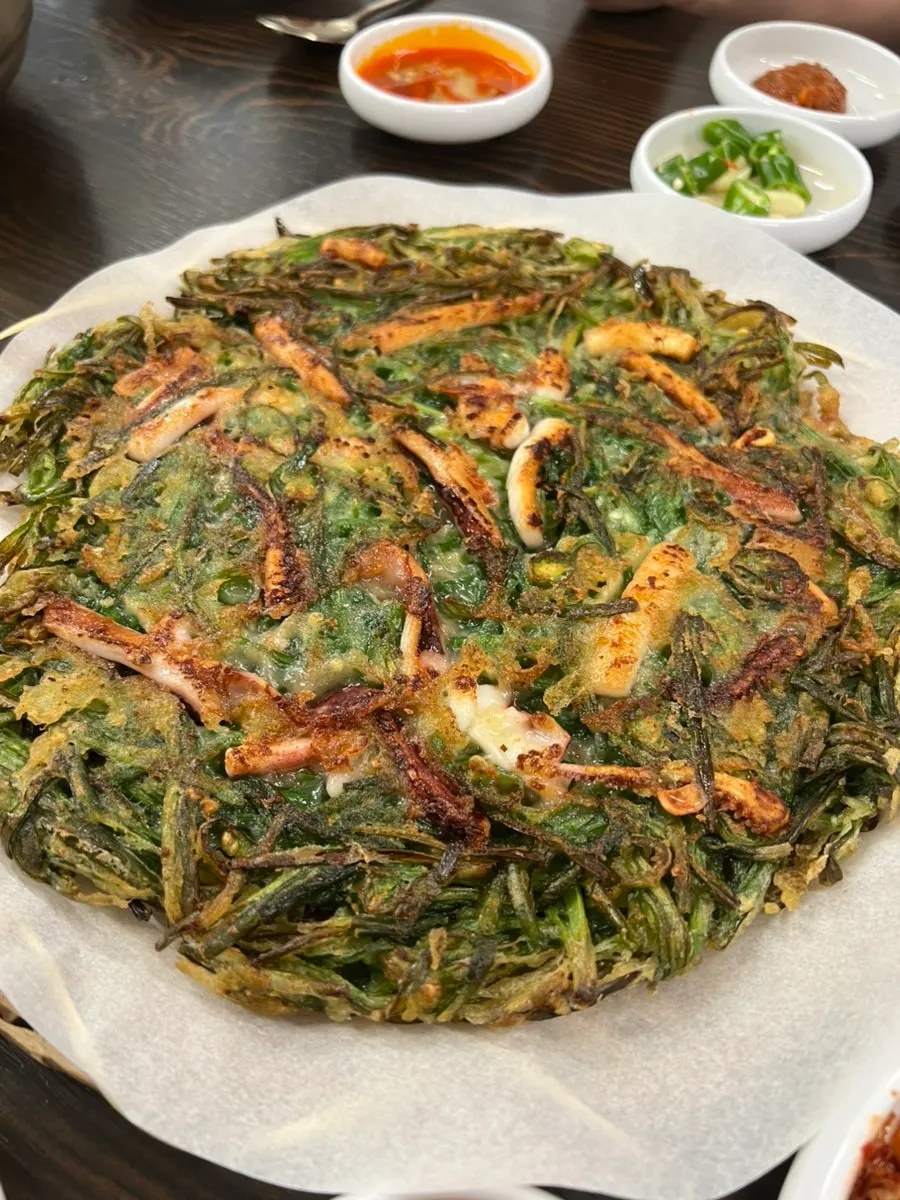 Squid chive pancake with large chunks of squid