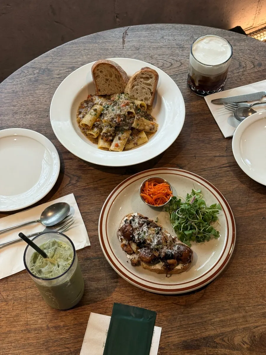 Table set with brunch and drinks together