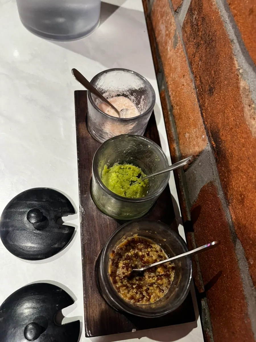 Salt, mustard, and wasabi condiments