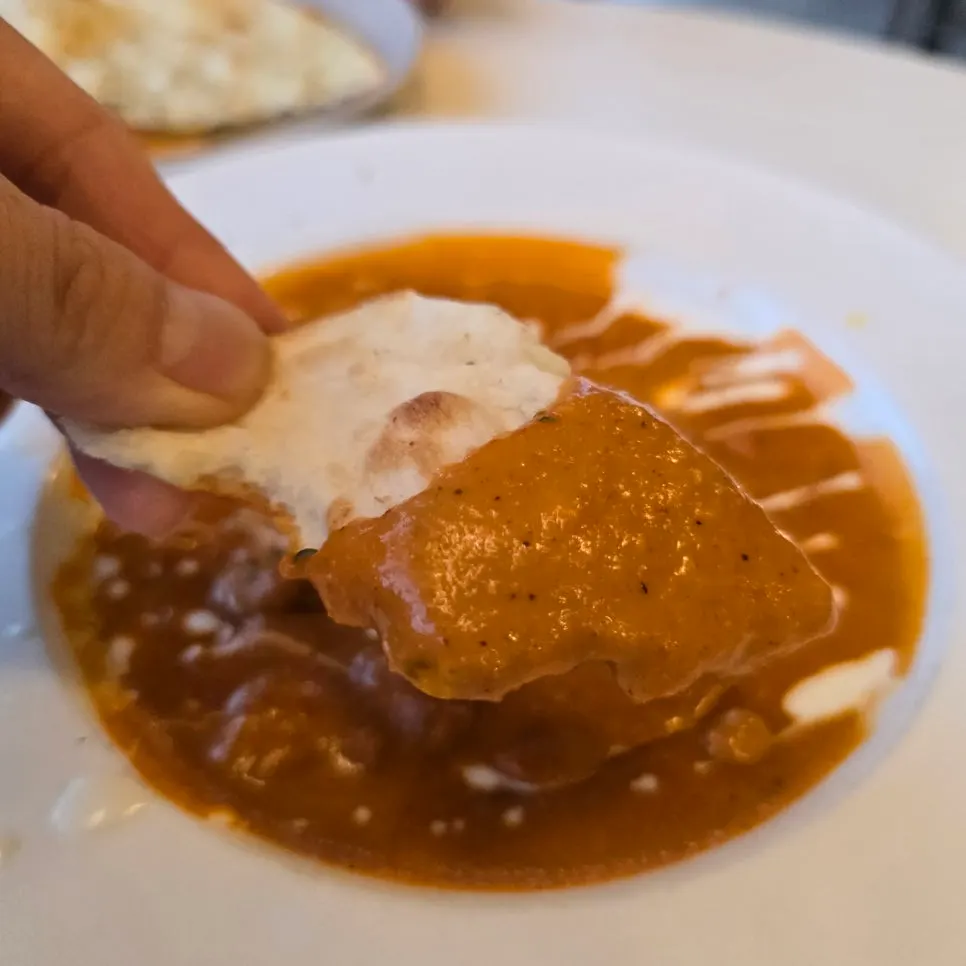 Golden-browned butter garlic naan with curry
