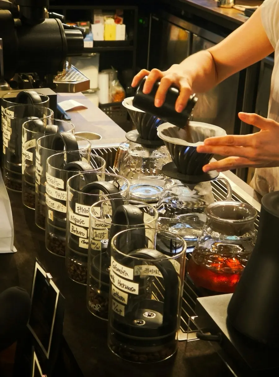 Coffee bean varieties prepared at the café