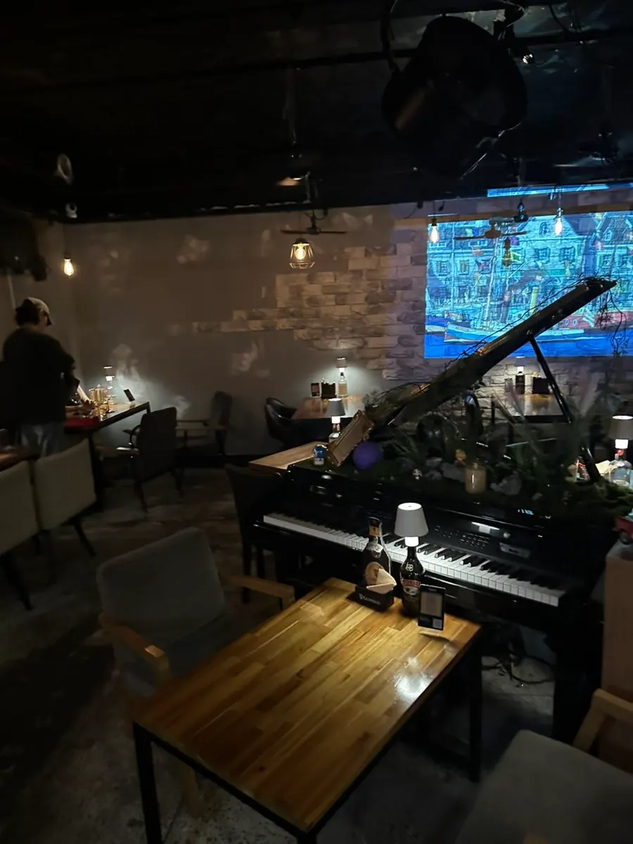 Interior with a piano and projector