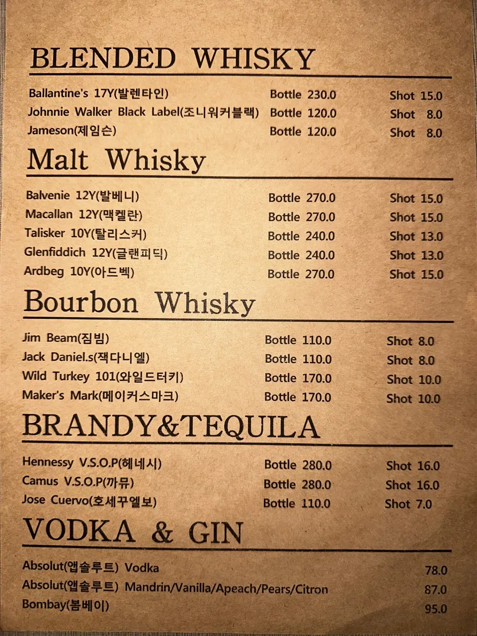 도수가 적힌 깊은숲 주류 메뉴판