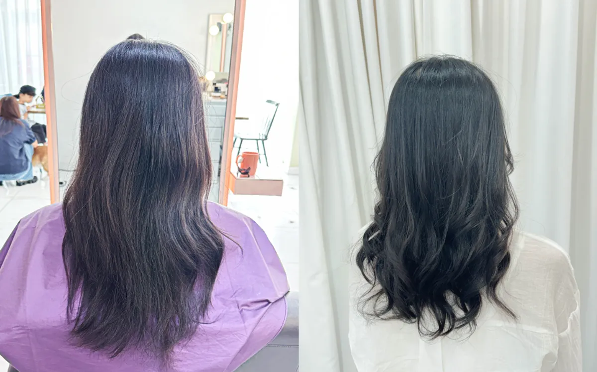 굵은 빌드펌을 마친 중단발 긴머리 스타일