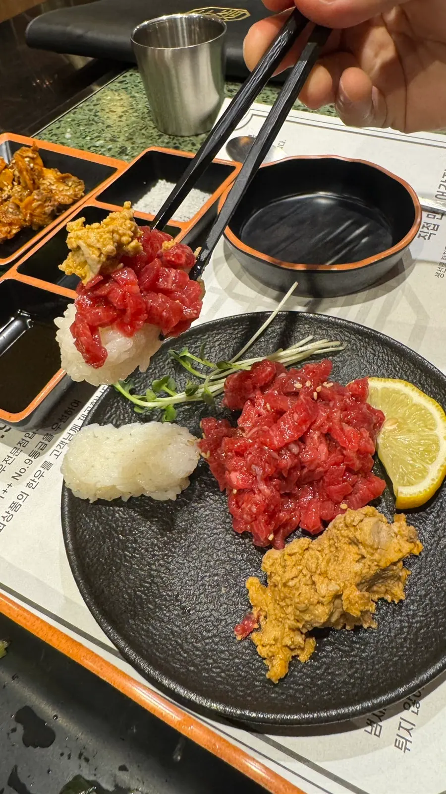 Yukhoe and uni served with rice