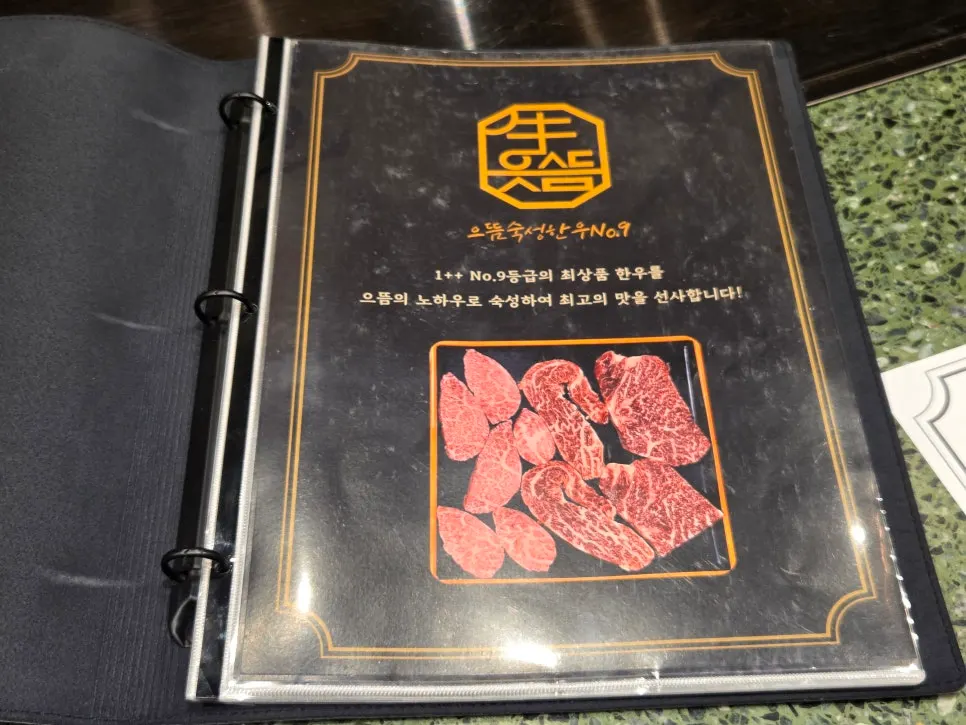으뜸숙성한우No.9 합정점 메뉴판과 한우 스페셜세트 가격