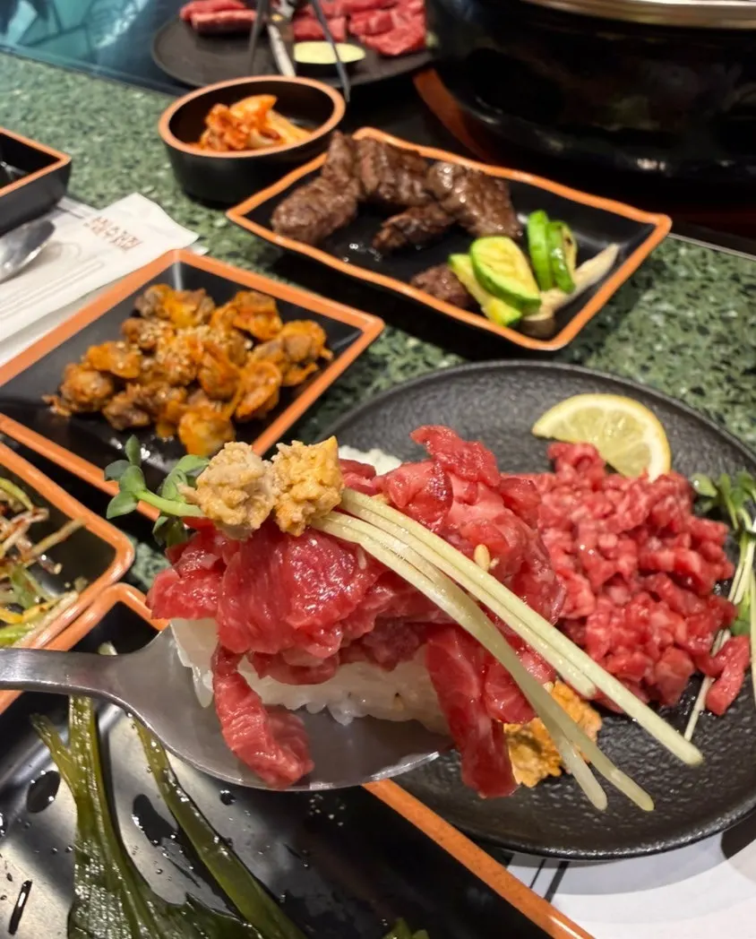 Sushi-style rice topped with yukhoe and anglerfish liver