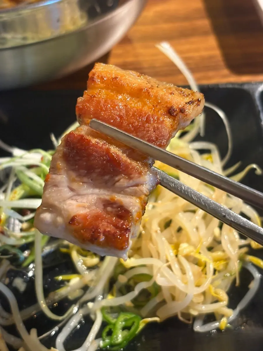 A golden-brown piece of grilled raw pork belly