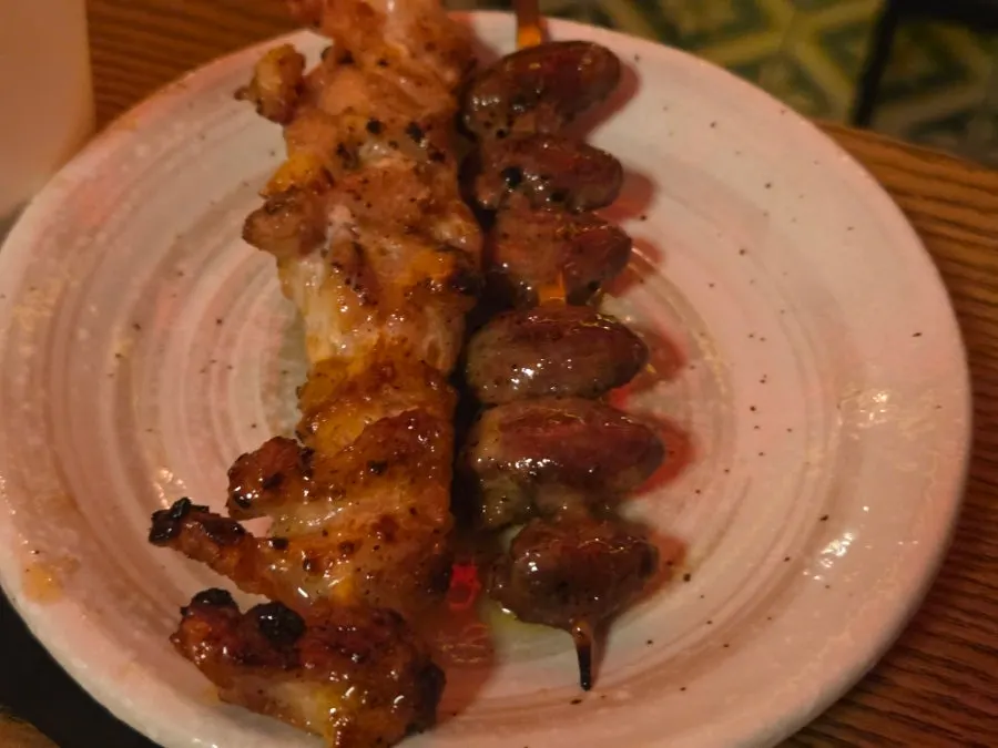 Yakitori skewers of chicken heart and chicken specialty cuts