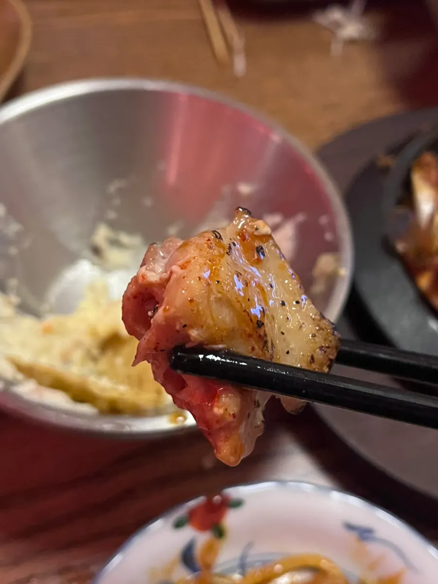 Three skewers: pork neck, duck, and chicken breast cartilage