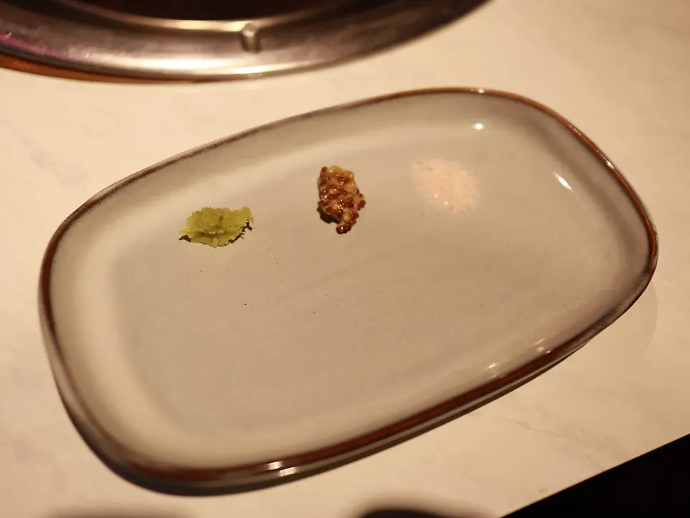 Salt, wasabi, and whole grain mustard sauces