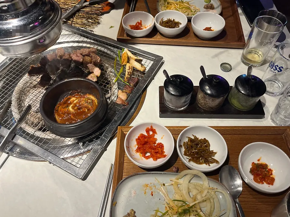 Aerial shot of the table with meat and side dishes