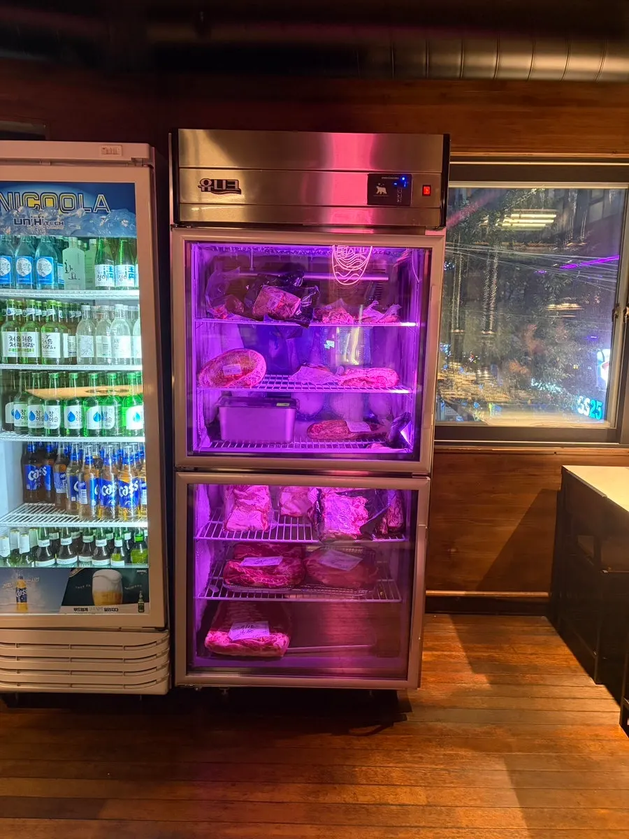 Drinks fridge on one side of the Jeongyukdo restaurant