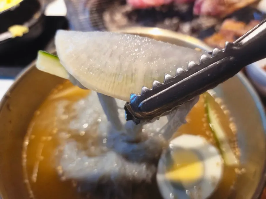 シャーベット状のスープにきゅうりと卵がのった水冷麺