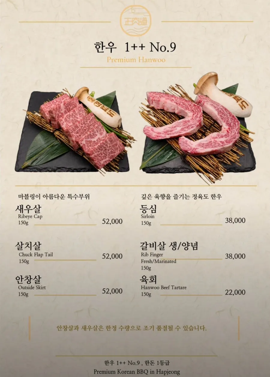 Jeongyukdo's hanwoo and hanpork menu board