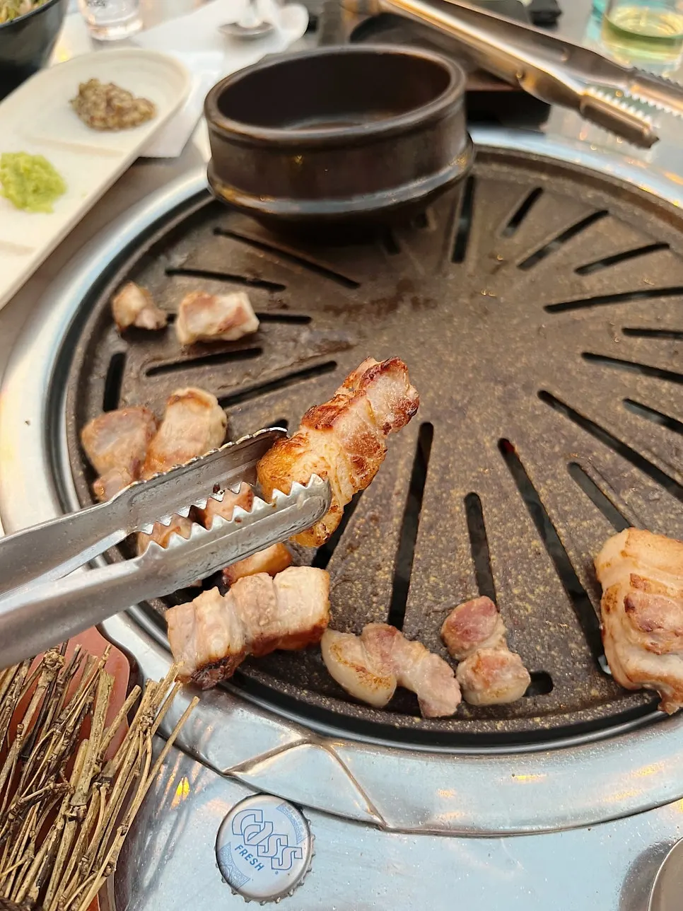 A thick piece of grilled flower pork neck