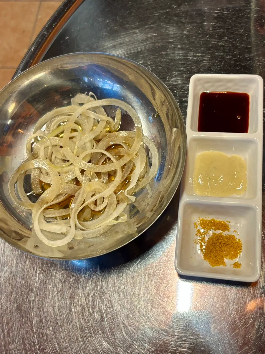 Three sauces: hot sauce, mayo sauce, and soybean powder