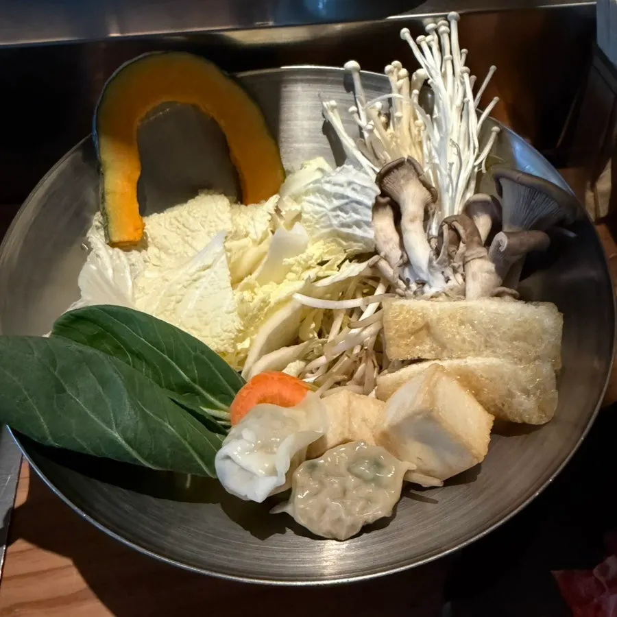 Plate of ordered meat and vegetables for shabu-shabu at Nahonsha