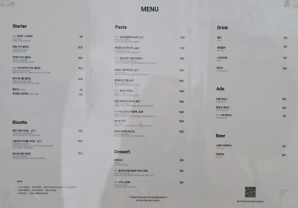 Riike's pasta and risotto menu board