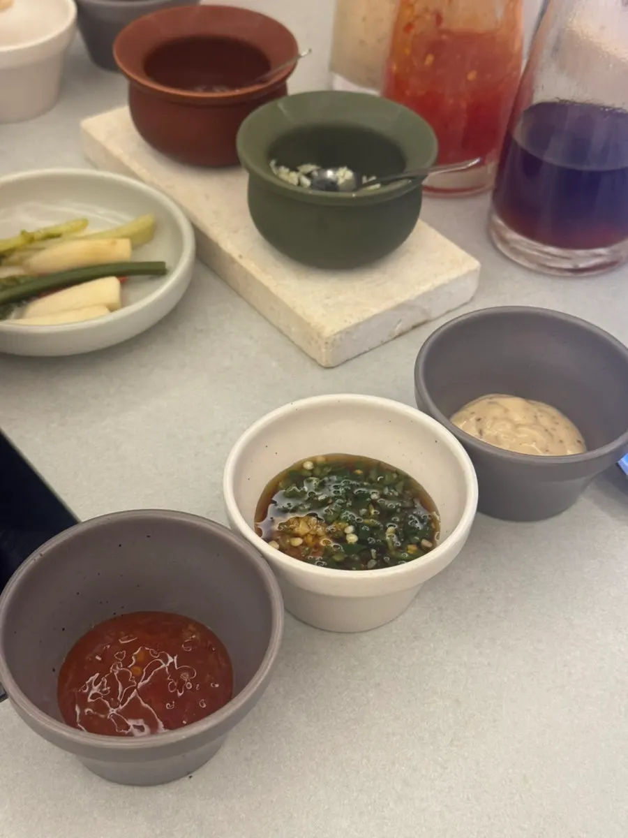 Chili, soy sauce, and mayo shabu sauces
