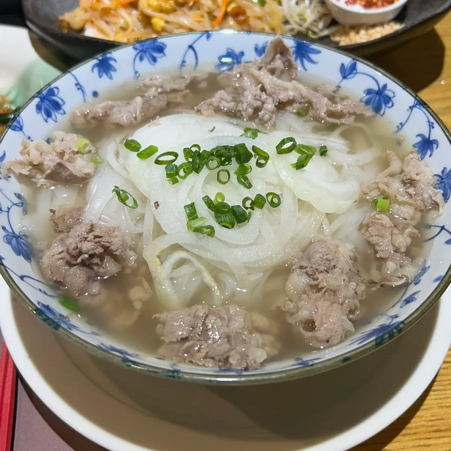 Close-up of pho noodles and broth