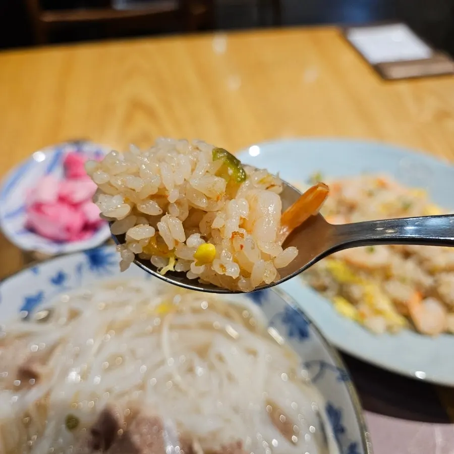 A spoonful of fried rice lifted up