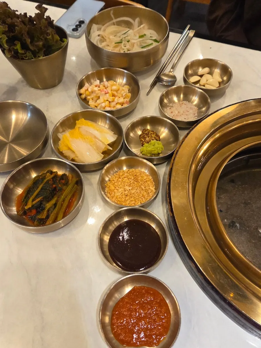 Salt, wasabi and steak sauce for dipping meat