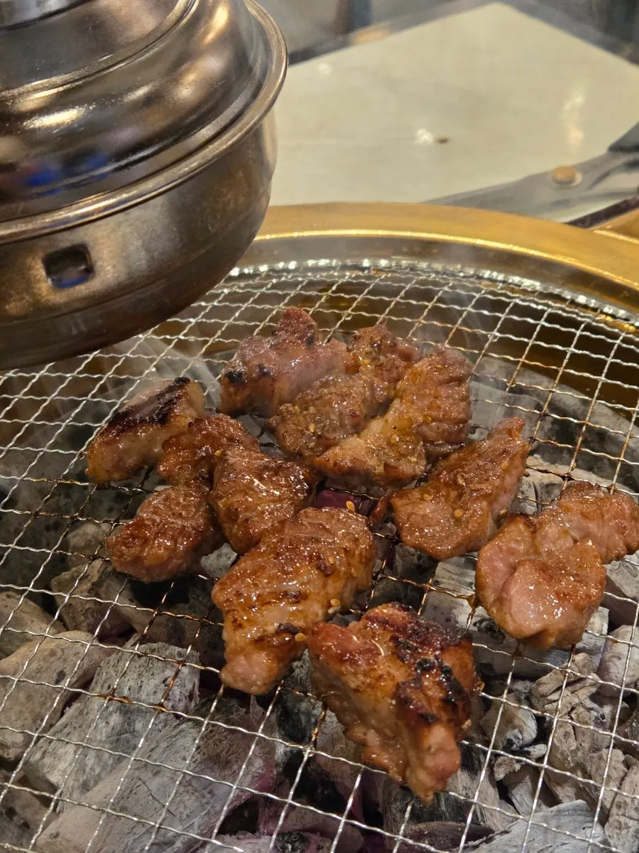 Glossy seasoned pork galbi with grilled vegetables