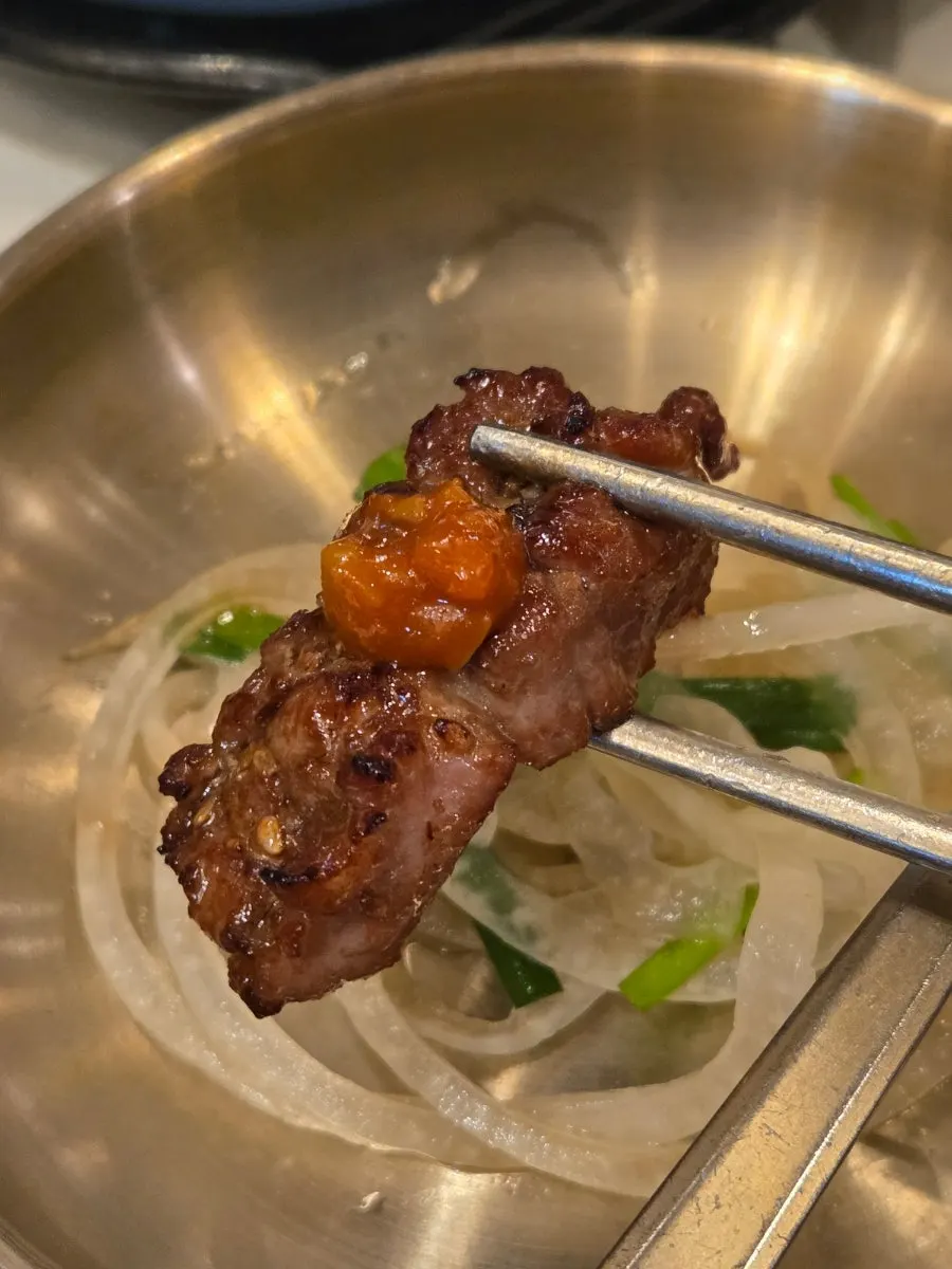 Golden-brown grilled pork neck galbi