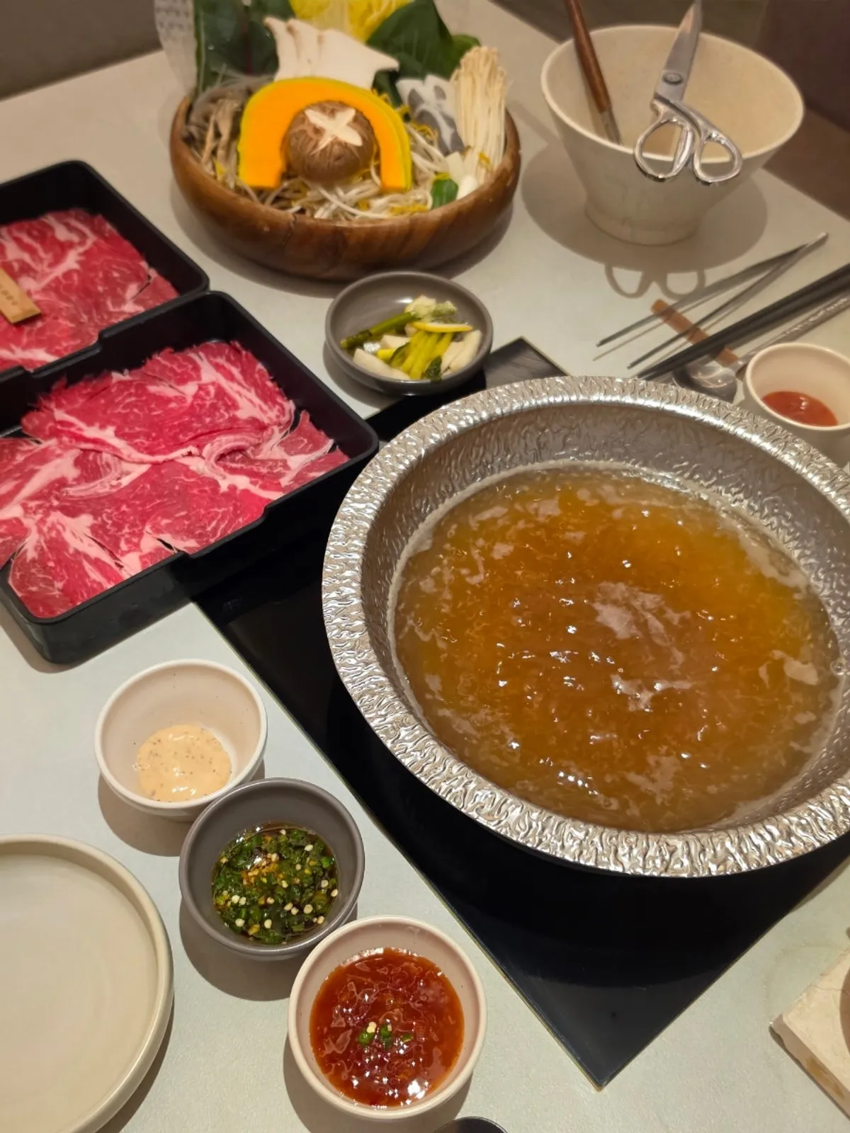 Main table spread of shabu-shabu at Shabu in Seoul Hapjeong Branch